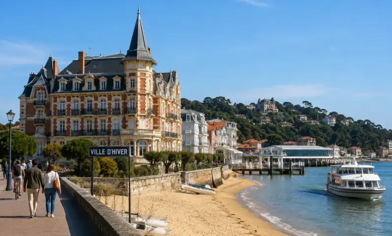 Villas de la Ville d'Hiver et navette maritime le long du front de mer d'Arcachon