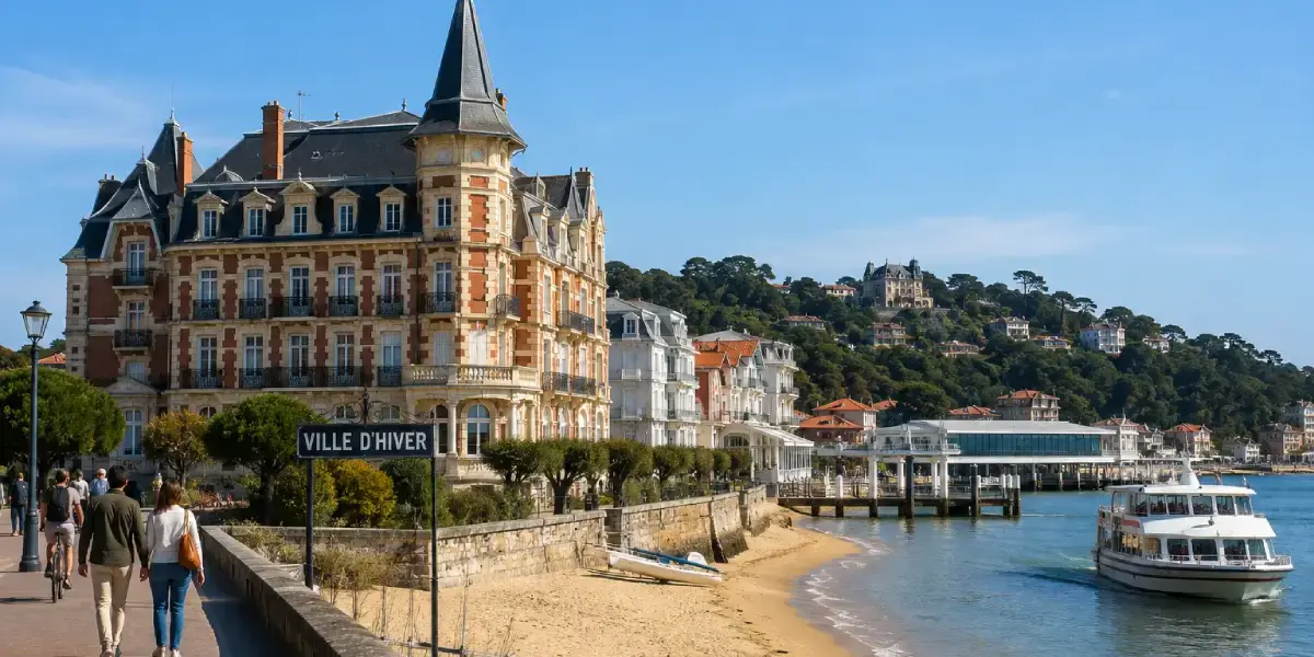 Villas de la Ville d'Hiver et navette maritime le long du front de mer d'Arcachon
